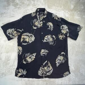 Tori Richard Honolulu 100% Silk Black Gold Leaf Hawaiian SS Shirt SZ L *FLAW*